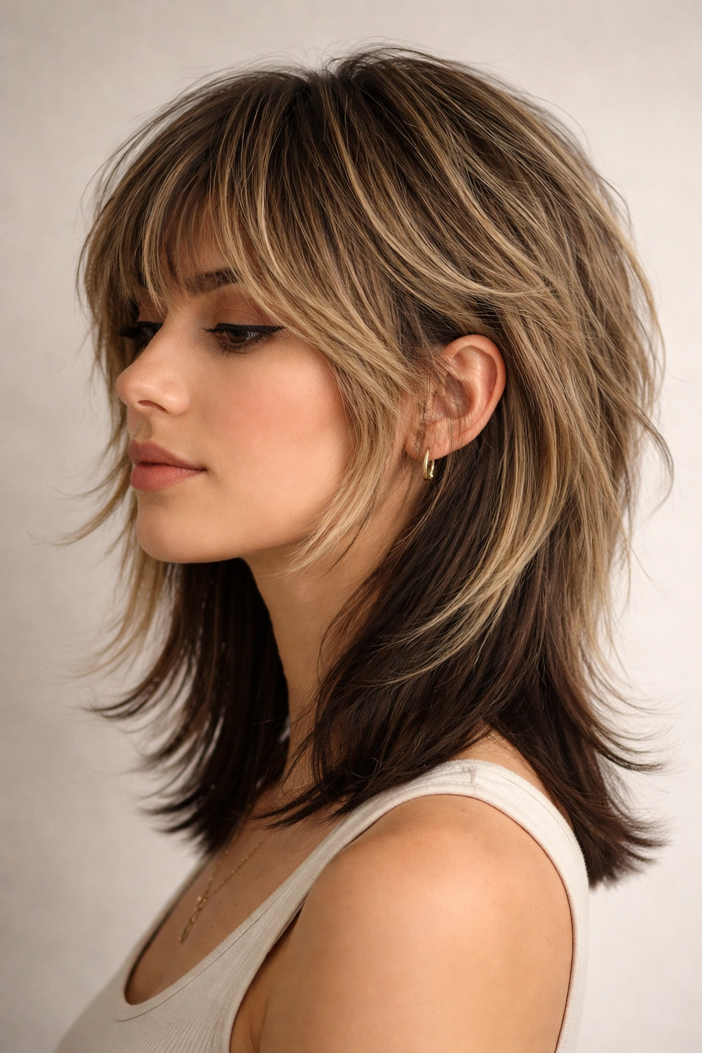 Profile view of The Modern Shag With Blunt Underlayer showing top texture and blunt underlayer.