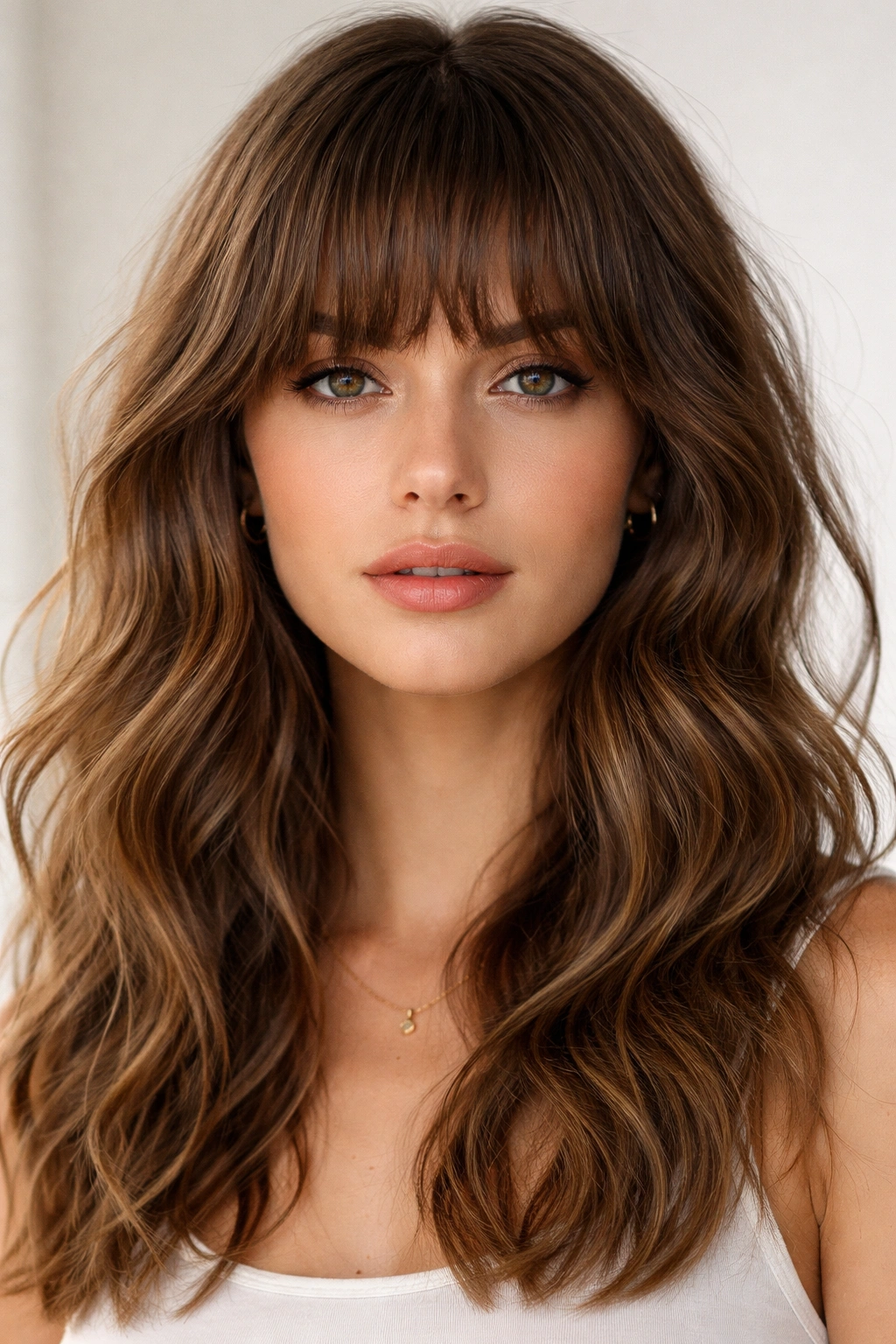 Frontal view of blunt wavy bangs framing the face