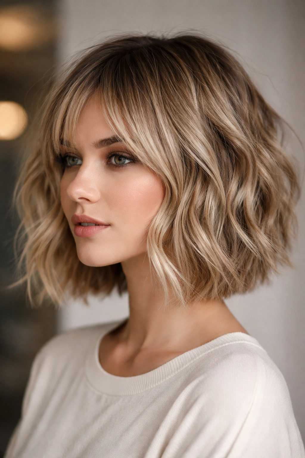 Neck-length blunt wavy bob with choppy underneath layers