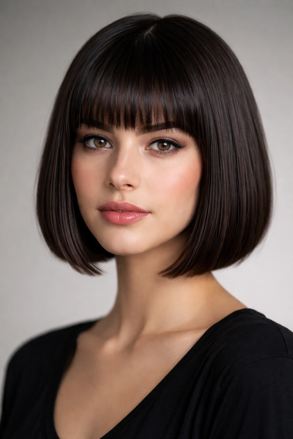 Front view of a chin-length bob with blunt bangs framing the eyes