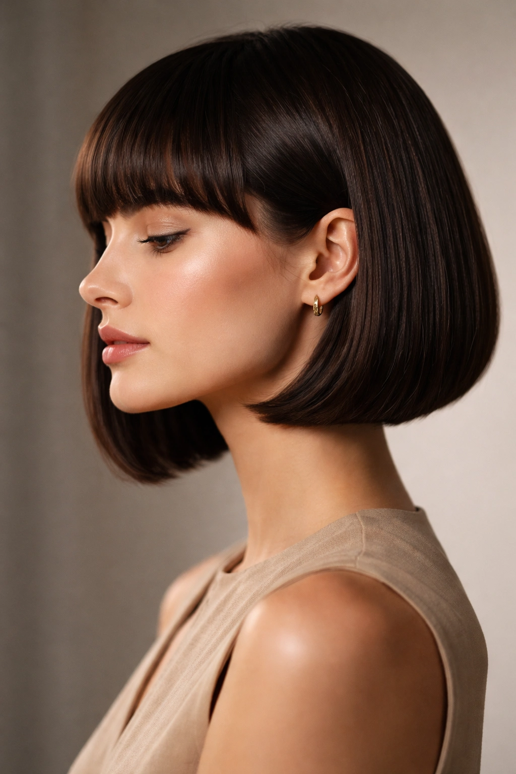 Portrait of a person with a classic bob and bangs in a neutral studio setting