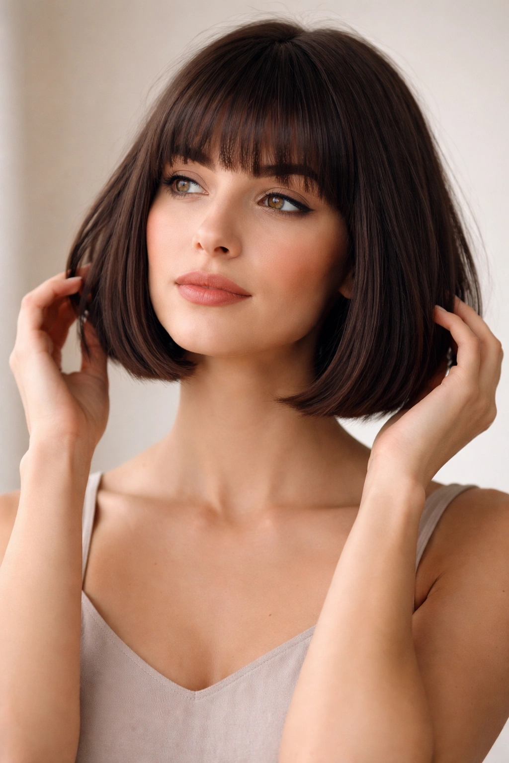 18 Bob Haircuts With Bangs Matched To Face Shape 19 Portrait of a person with a bob and blunt bangs, thoughtful expression, studio lighting