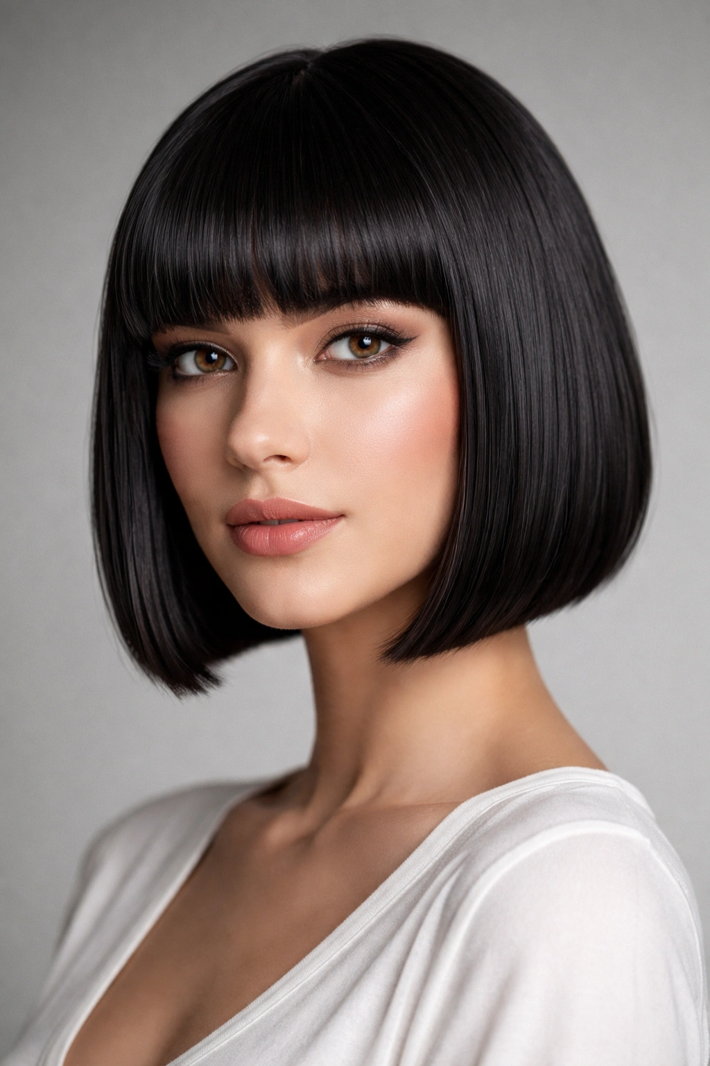 Sleek Bob with Blunt Bangs hairstyle on model with jaw-length cut and blunt bangs in studio lighting.