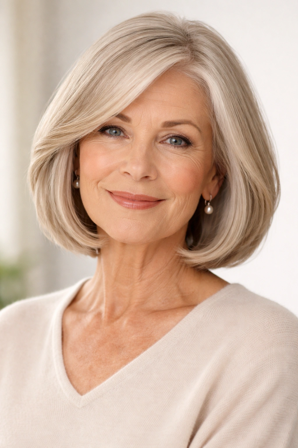 Portrait of a thick-haired woman in a bob with blunt ends and soft interior layers.