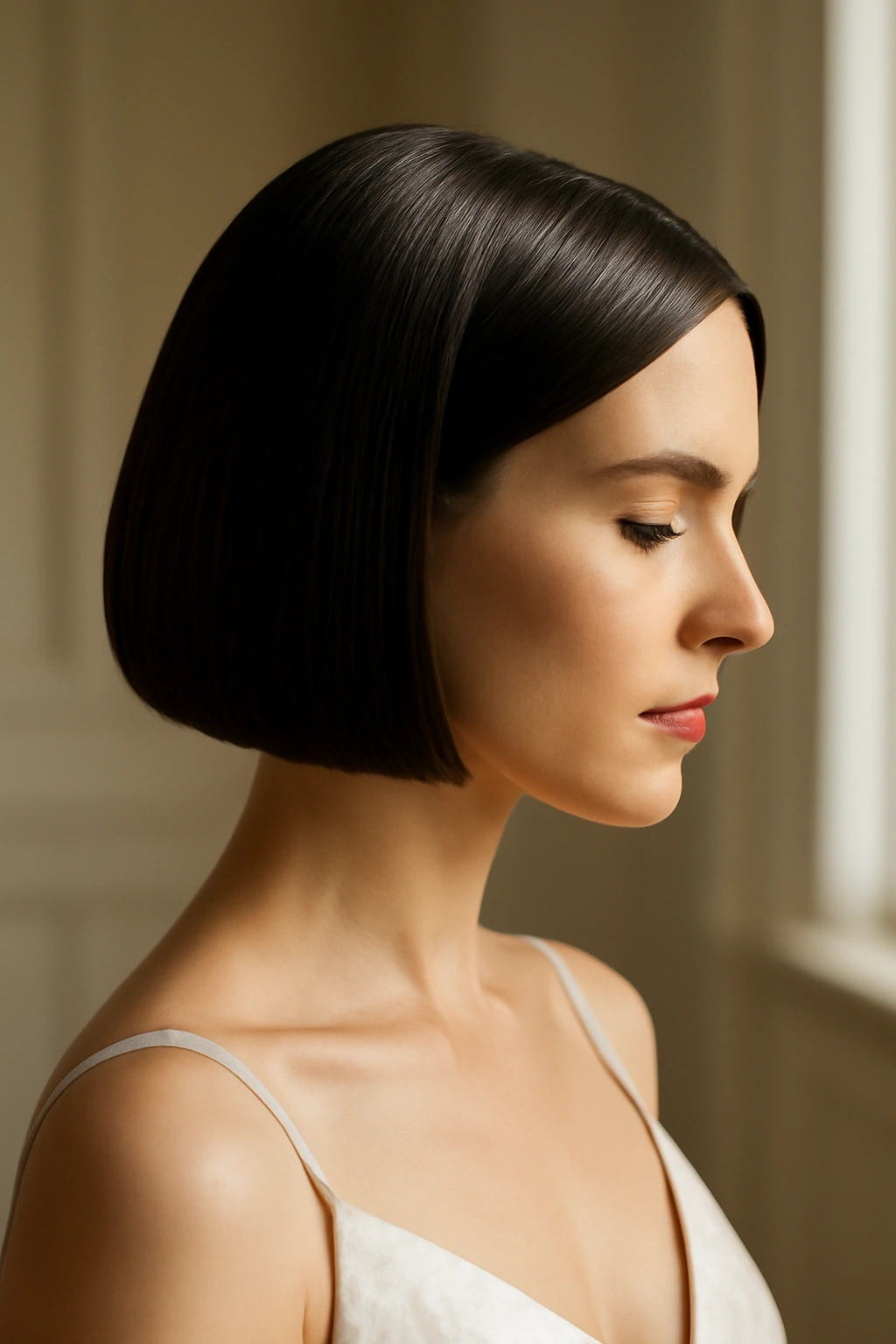 15 Wedding Hairstyles That Suit Short-Haired Brides 2 Close-up of a sleek, polished chin-length bob with high shine