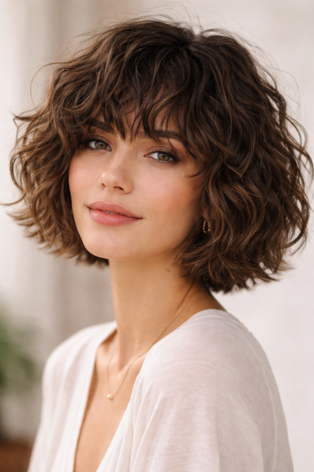 12 Short Haircuts With Curly Bangs You Ll Love 2 Chin-length tousled bob with curly fringe and textured layers