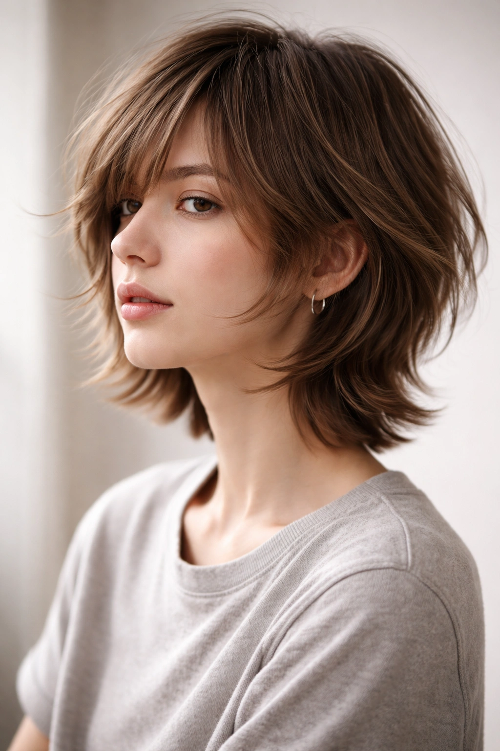 10 Feathered Short Haircuts With Soft Wispy Layers 7 Close-up of a collar-length bob with feathered layers showing movement