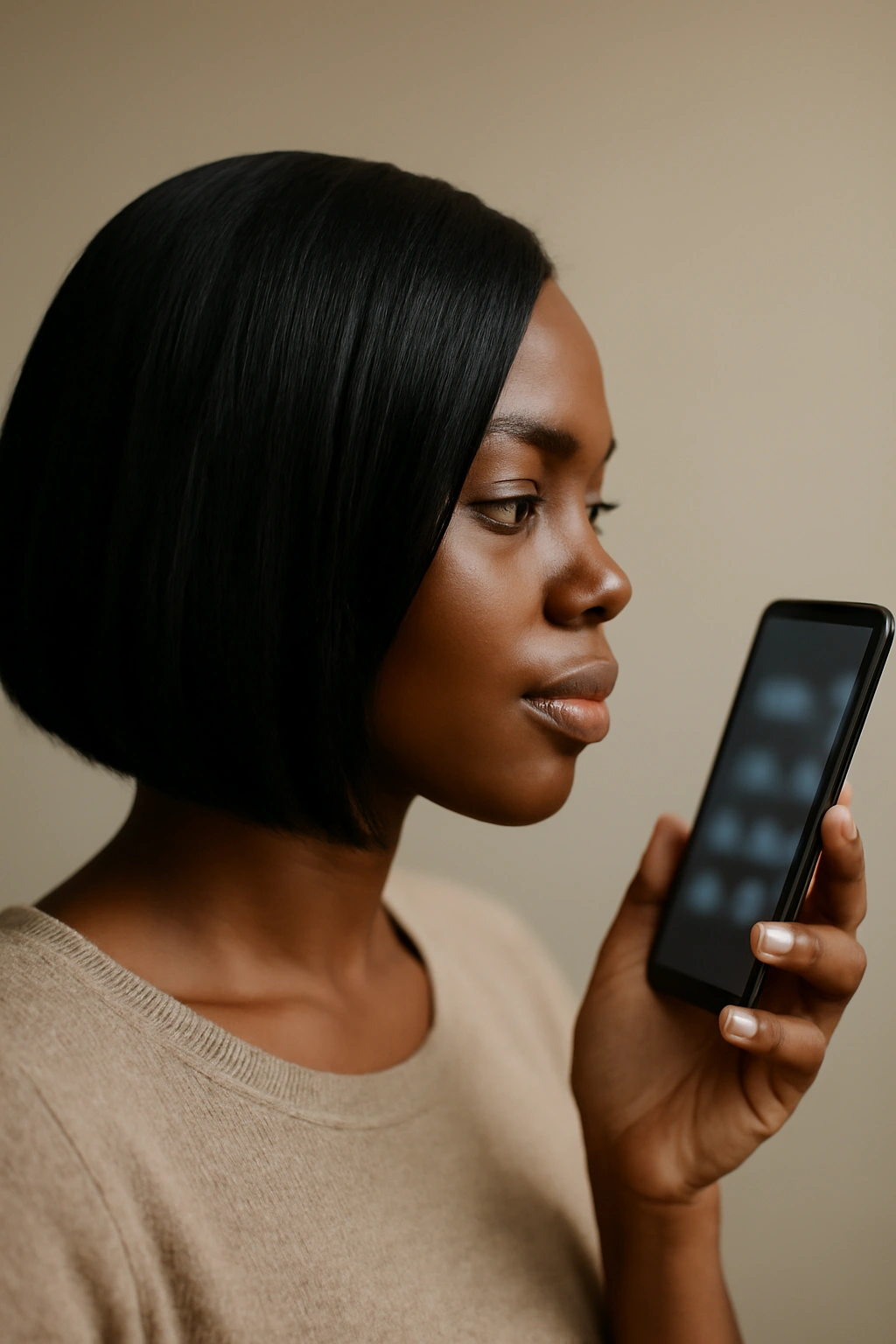 12 Bob Haircuts for Black Women Worth Bookmarking 13 Close-up of a woman with a bob looking at a smartphone with blurred icons in a studio