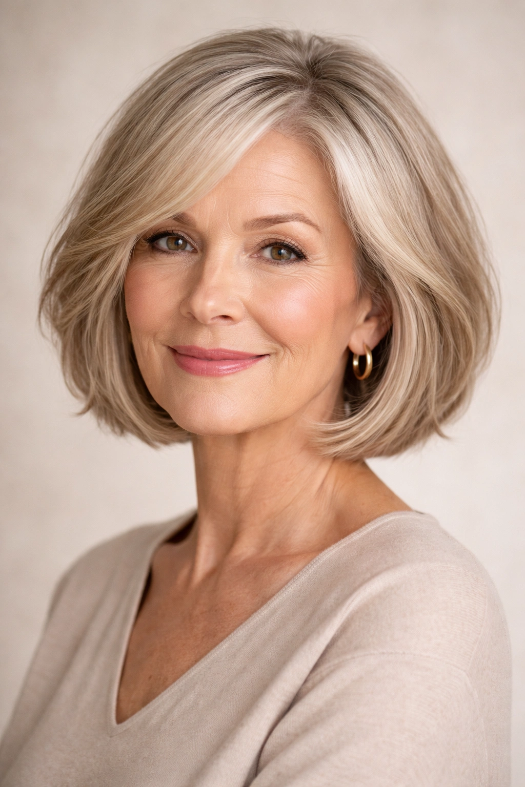 Woman over 60 with chin-length bob and subtle layers