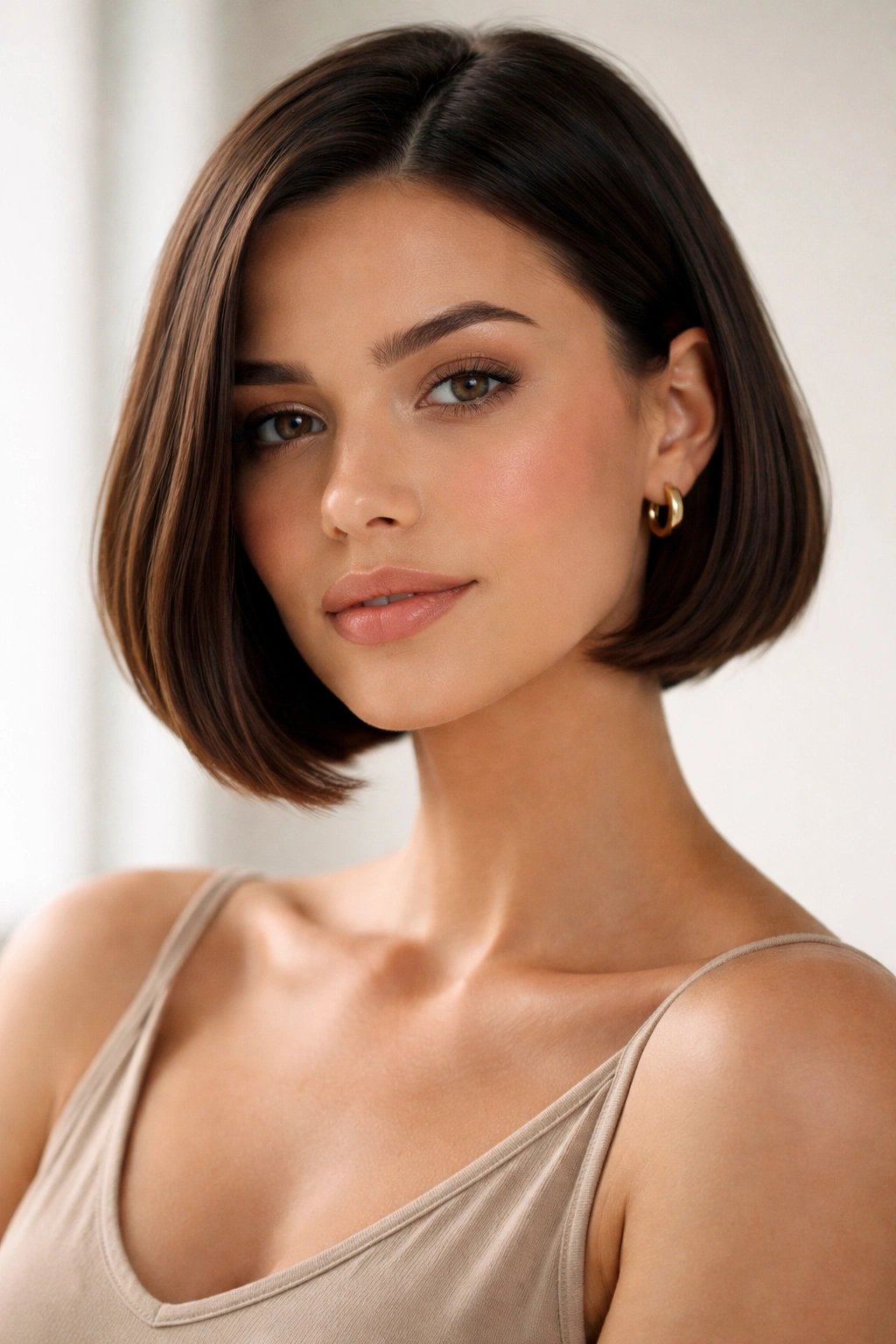 Portrait of a confident person with a sleek bob haircut.