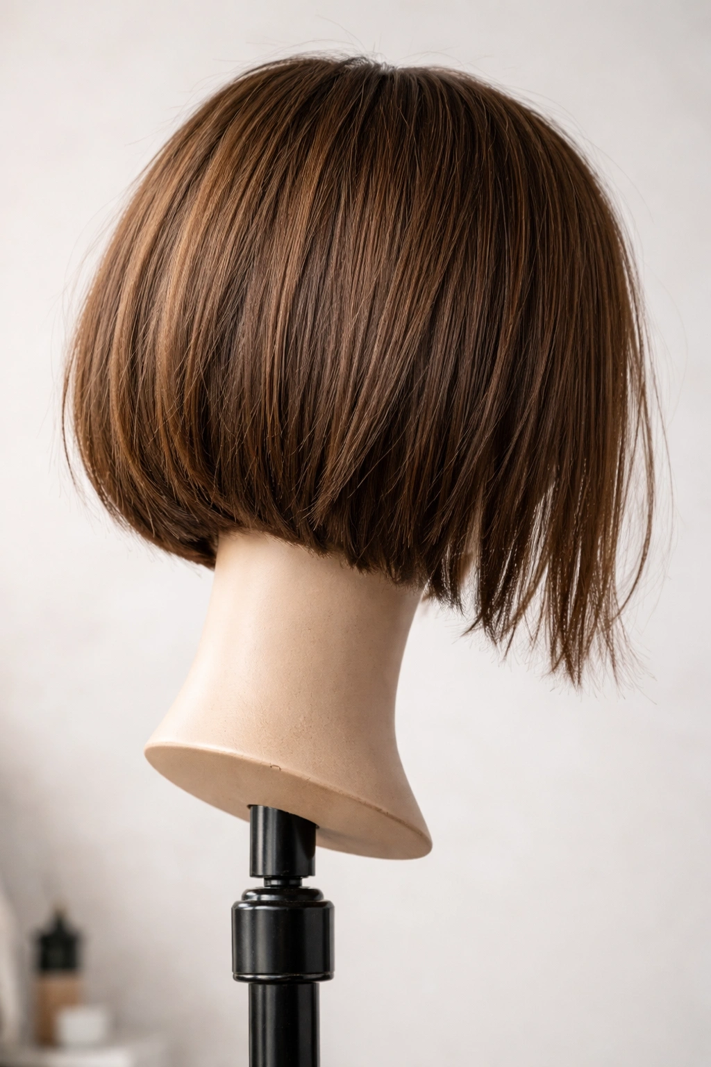 Close-up of an uneven bob on a mannequin head highlighting misaligned length and choppy ends.