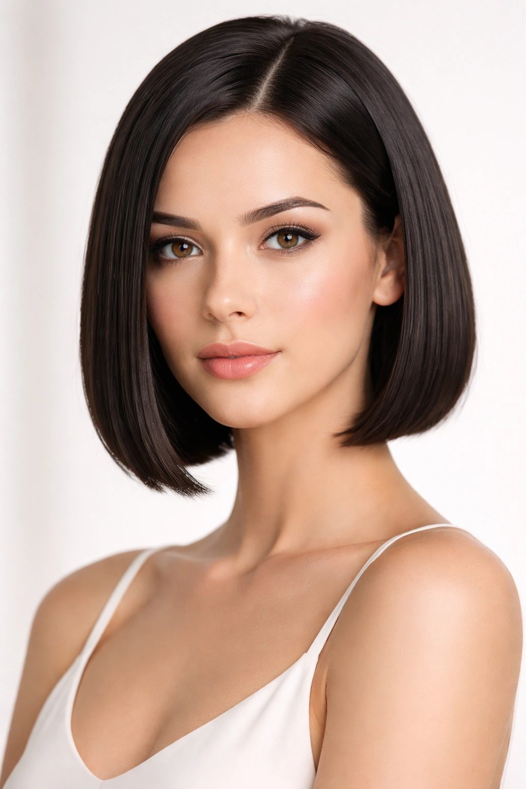 Sleek chin-length bob on an oval face.