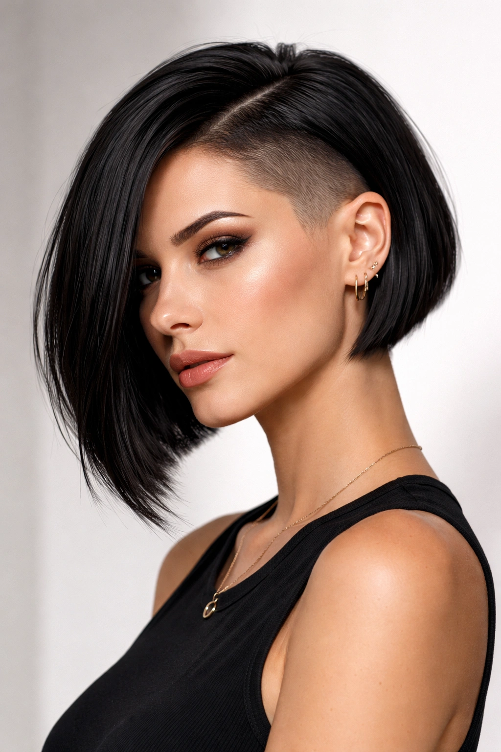Portrait of blunt asymmetrical bob with a shaved side on a neutral background