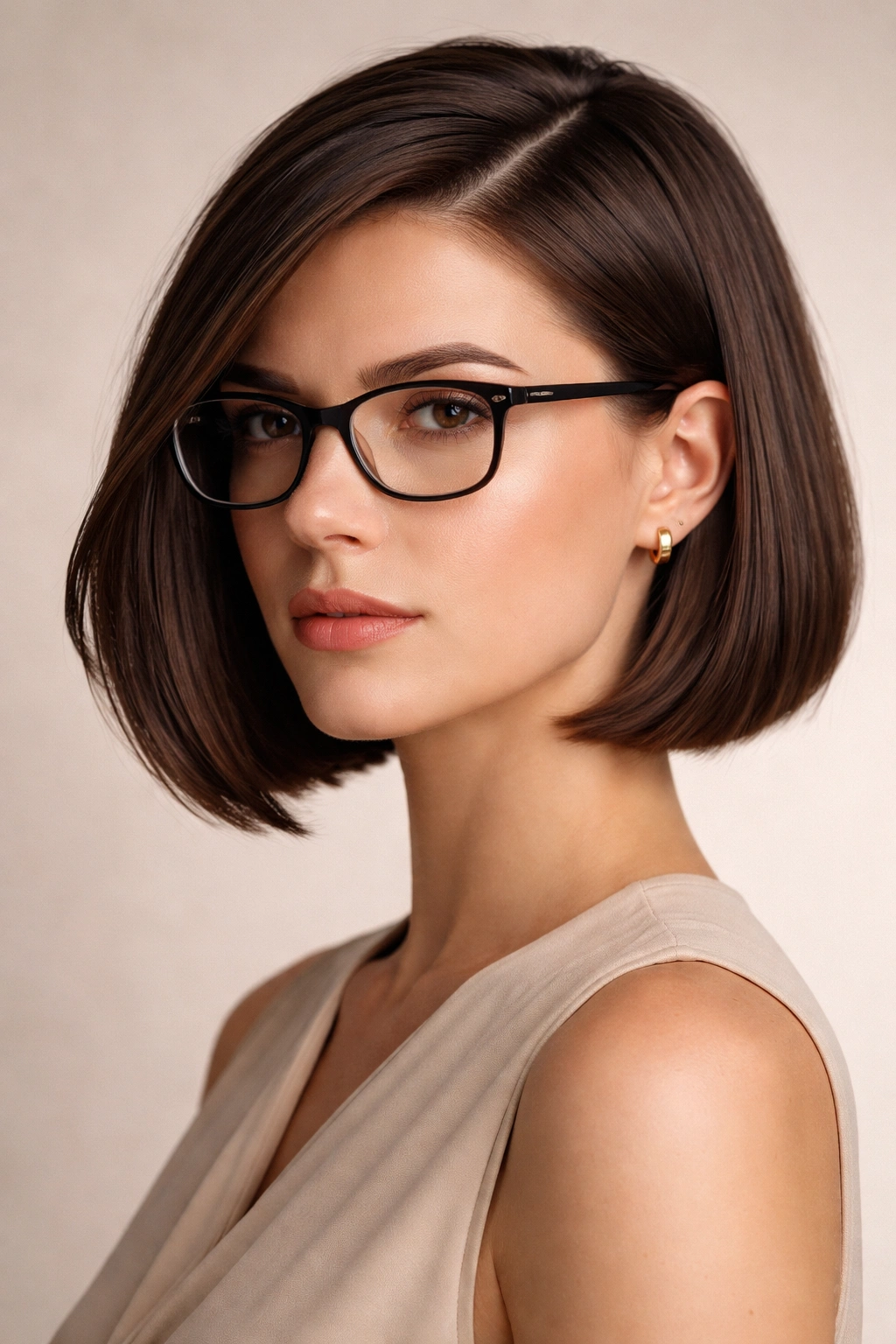 Close-up of a person with a sleek side-parted bob and blunt bottom wearing glasses