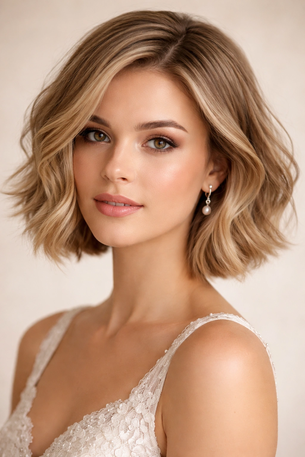 Close-up of textured bob with face-framing waves