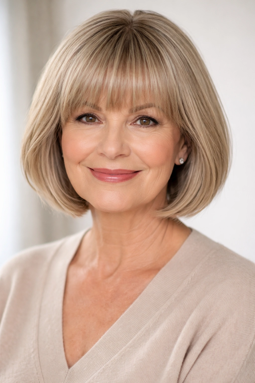 Close-up of a chin-length bob with full bangs covering forehead lines.