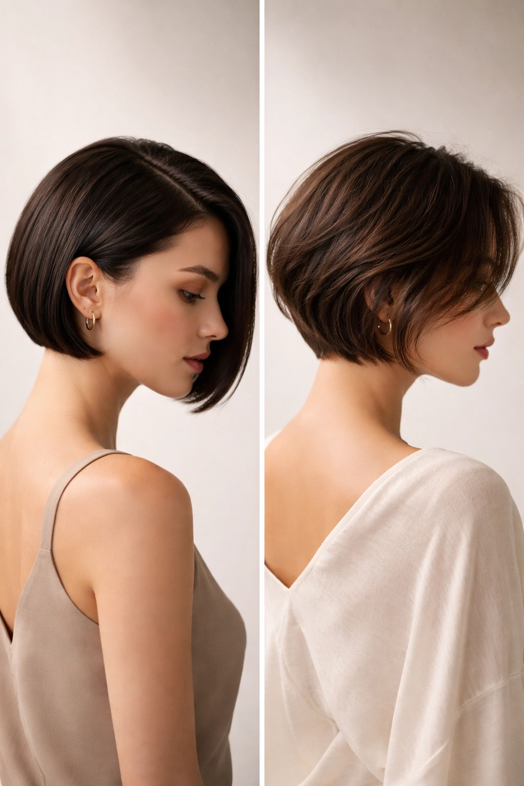 Bob haircut styled sleek and textured in a studio