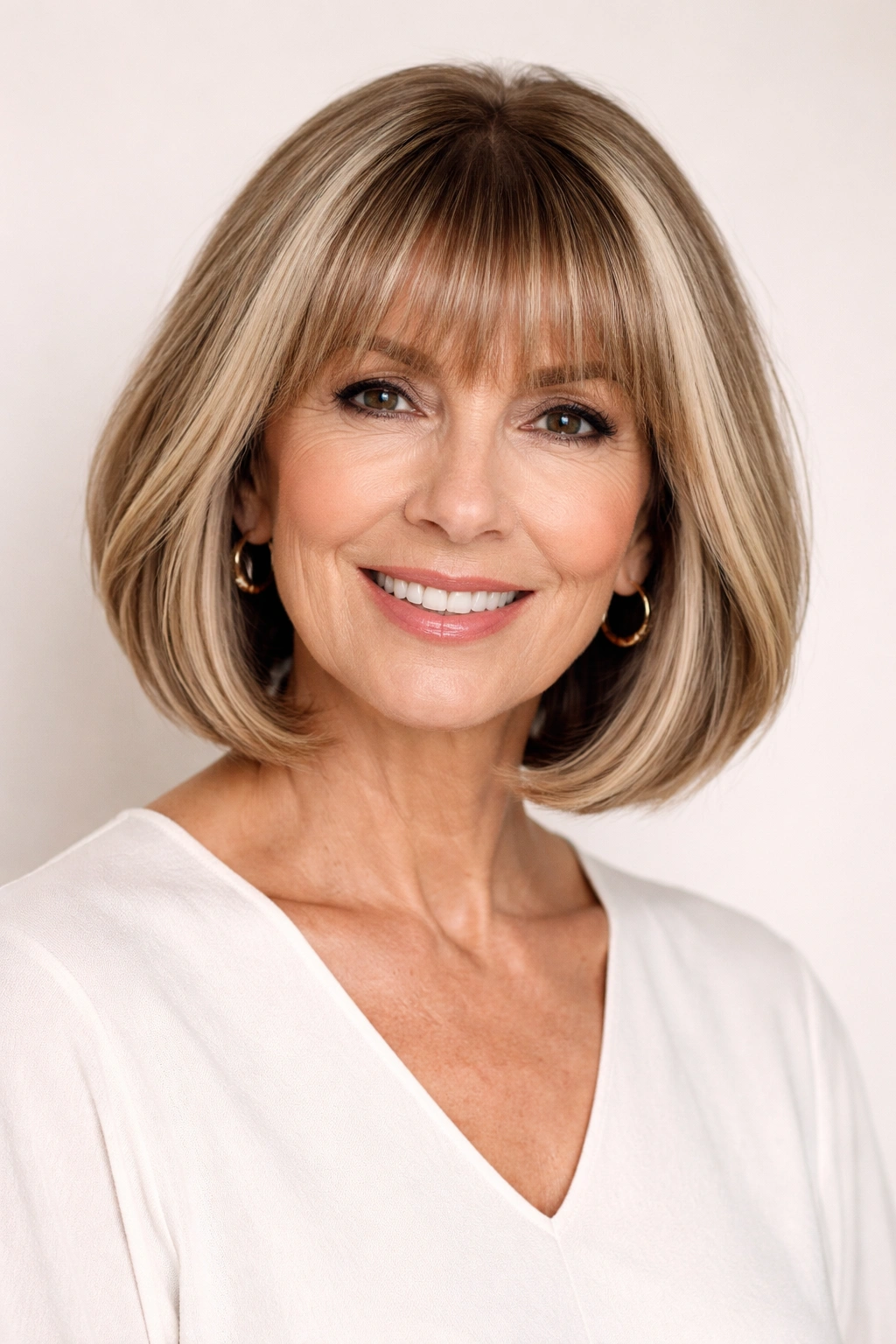 Portrait of a bob with full bangs and money pieces framing the face