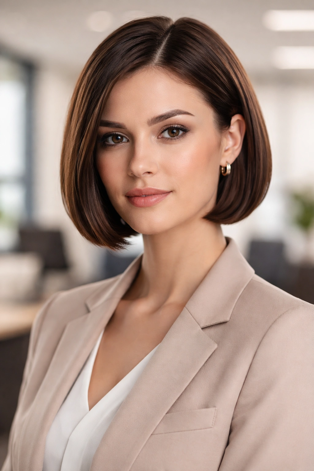 Portrait of a person with a bob haircut in a professional setting