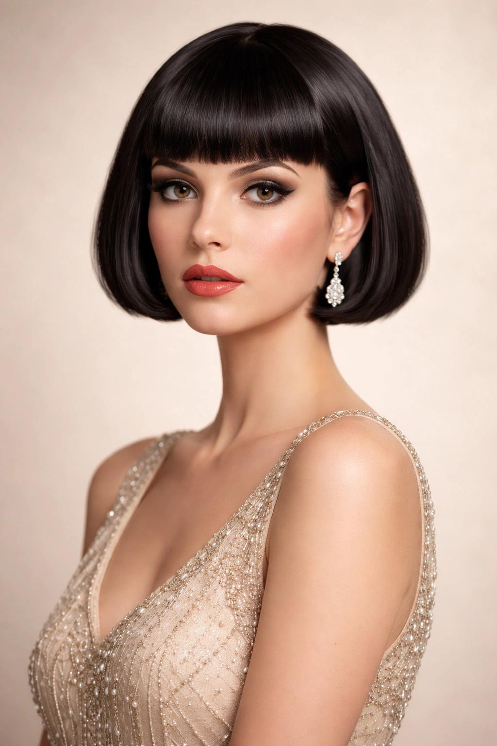 Classic blunt bob on a poised model in a neutral studio.