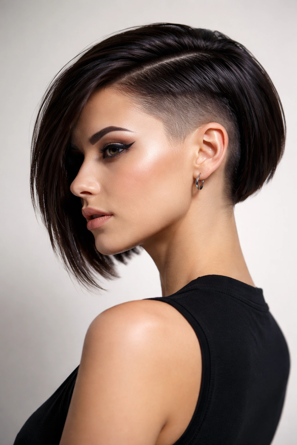 Bold bob with shaved sides and a longer top showcased from a side profile