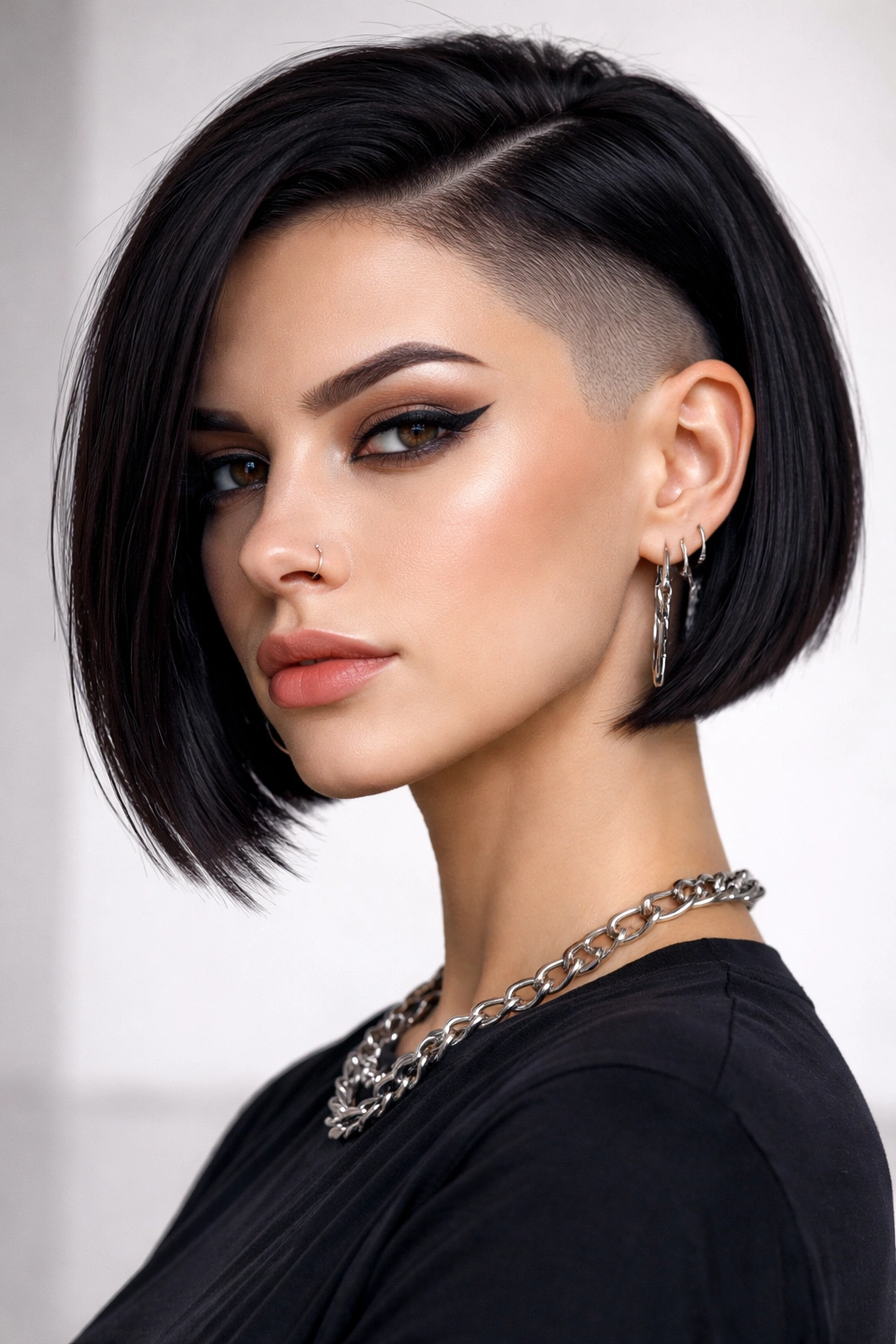 Portrait of blunt bob with shaved sides and bold contrast