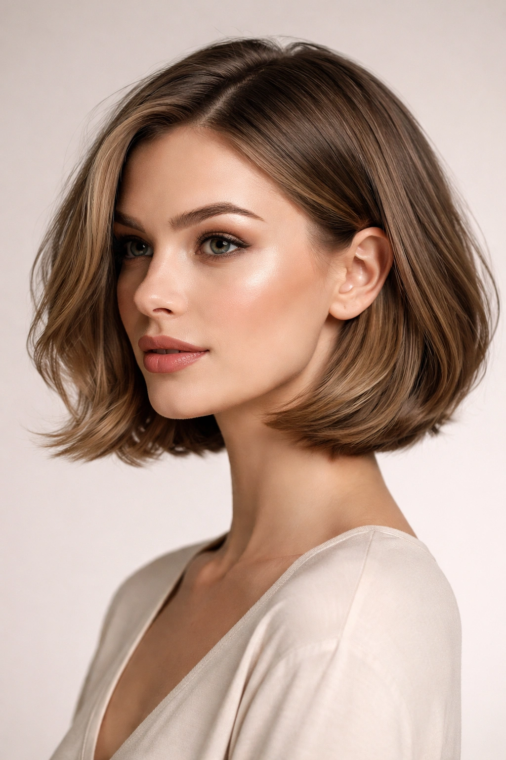 Model with polished styled bob and soft waves in studio lighting
