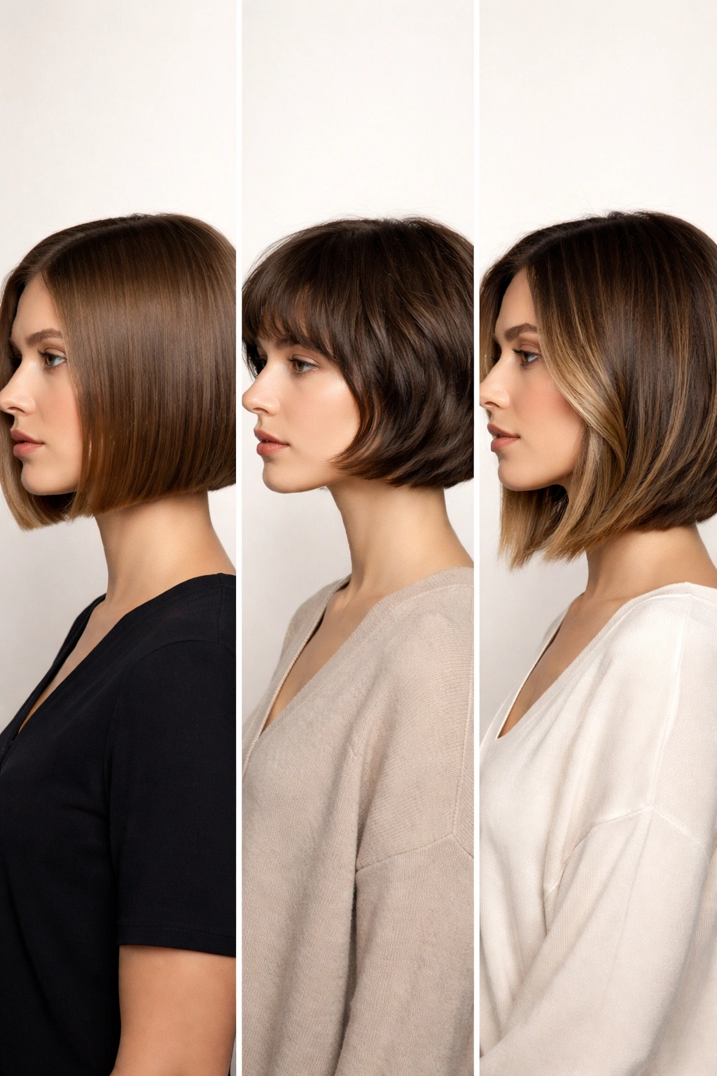 Three side-profile heads displaying classic blunt, French, and angled bob variations