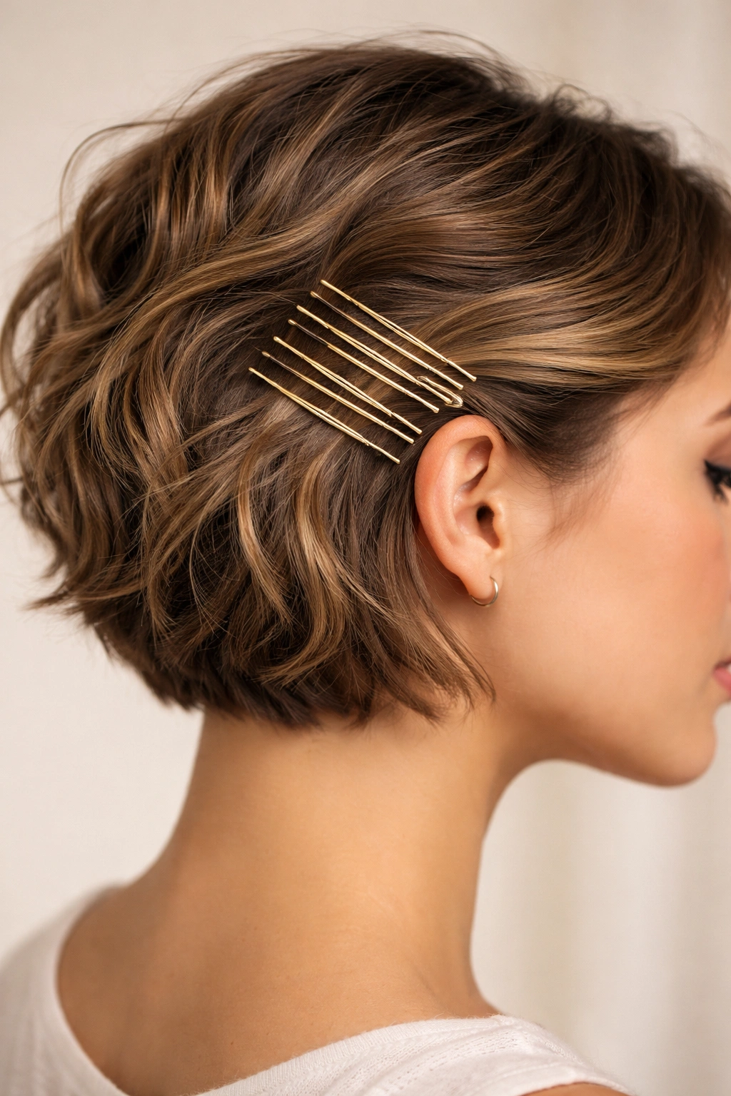 Cluster of bobby pins on the side of short hair