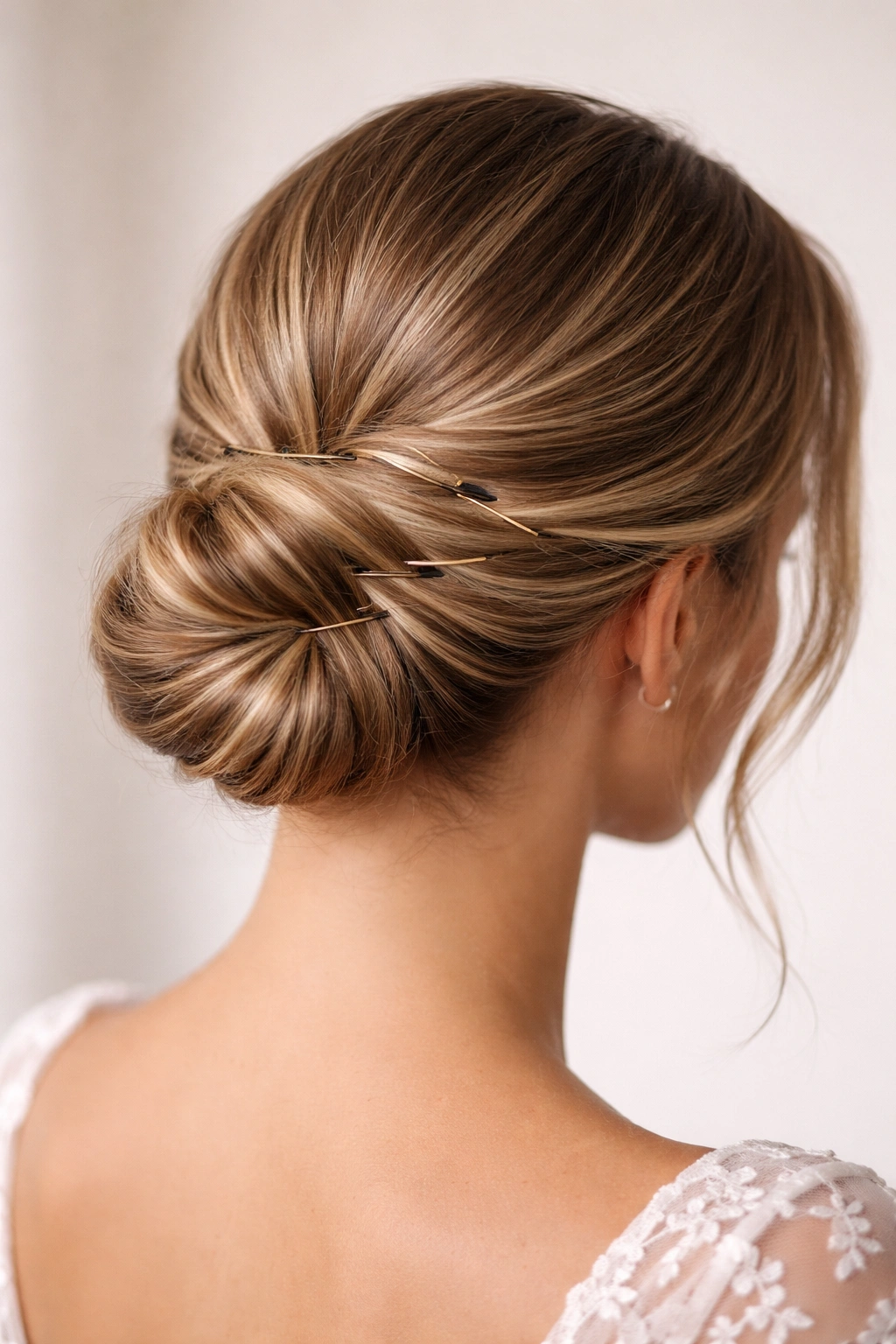 Low bun secured with multiple bobby pins through wrapped hair