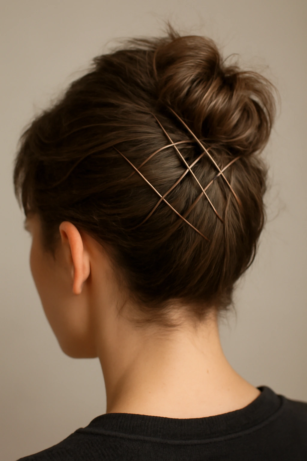 8 Messy Bun Ideas for Short Hair That Actually Stay 8 Short-haired bun surrounded by a grid of bobby pins forming a cage