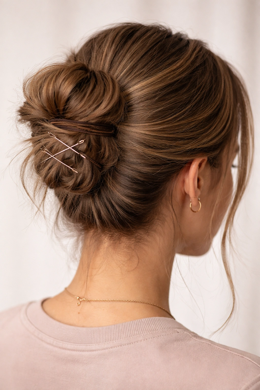 Close-up of a secured bun with crisscrossed bobby pins for all-day hold.