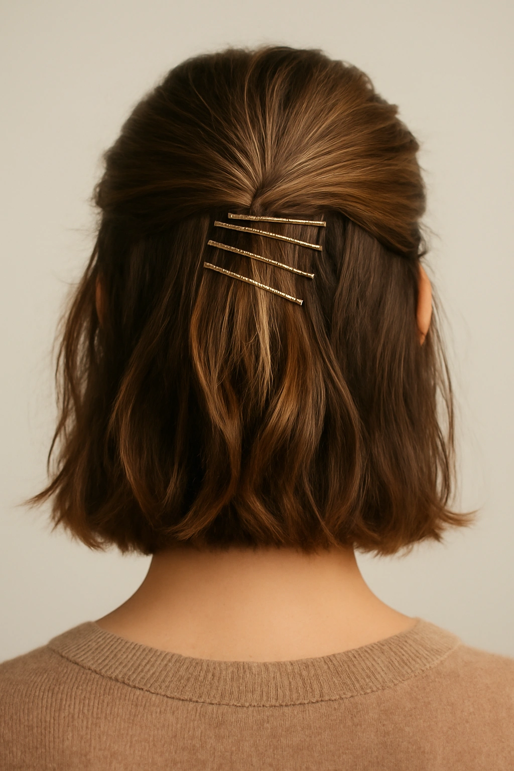 10 Half Up Styles for Short Hair You Can Try Today 10 Half-up hairstyle with visible bobby pins forming a decorative design.