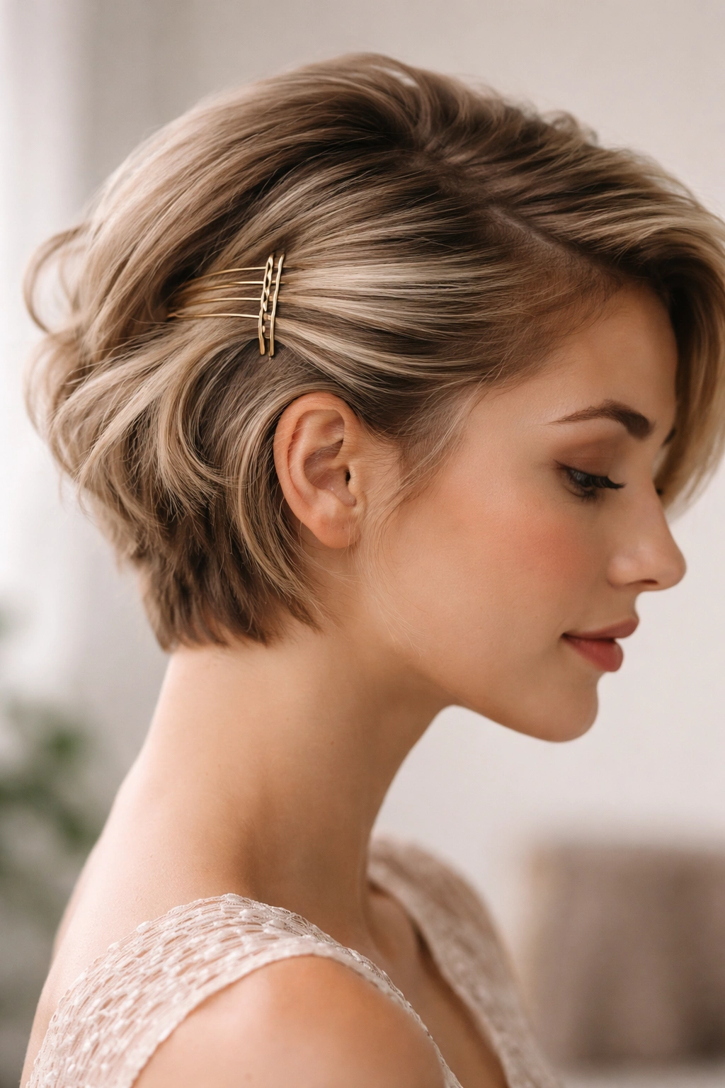 15 Easy Updos That Actually Work On Short Hair 7 Close-up side profile of short hair with a vertical stack of bobby pins at the crown
