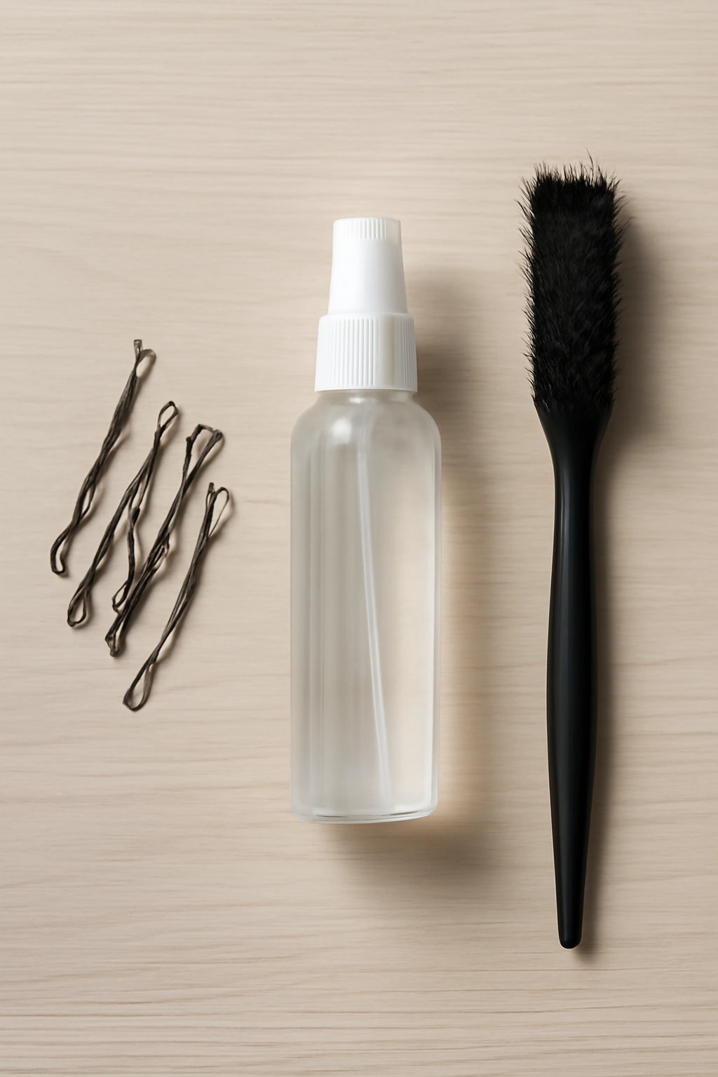 8 Messy Bun Ideas for Short Hair That Actually Stay 9 Flat lay of bobby pins, a plain spray bottle, and a teasing brush on a clean surface