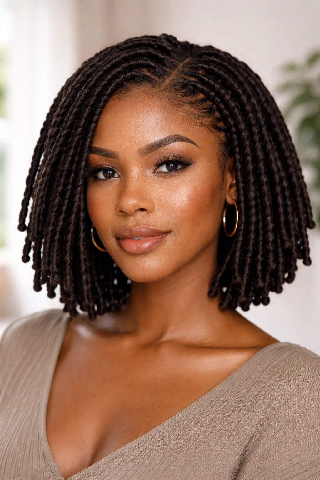 Chin-length braided locs bob viewed from front