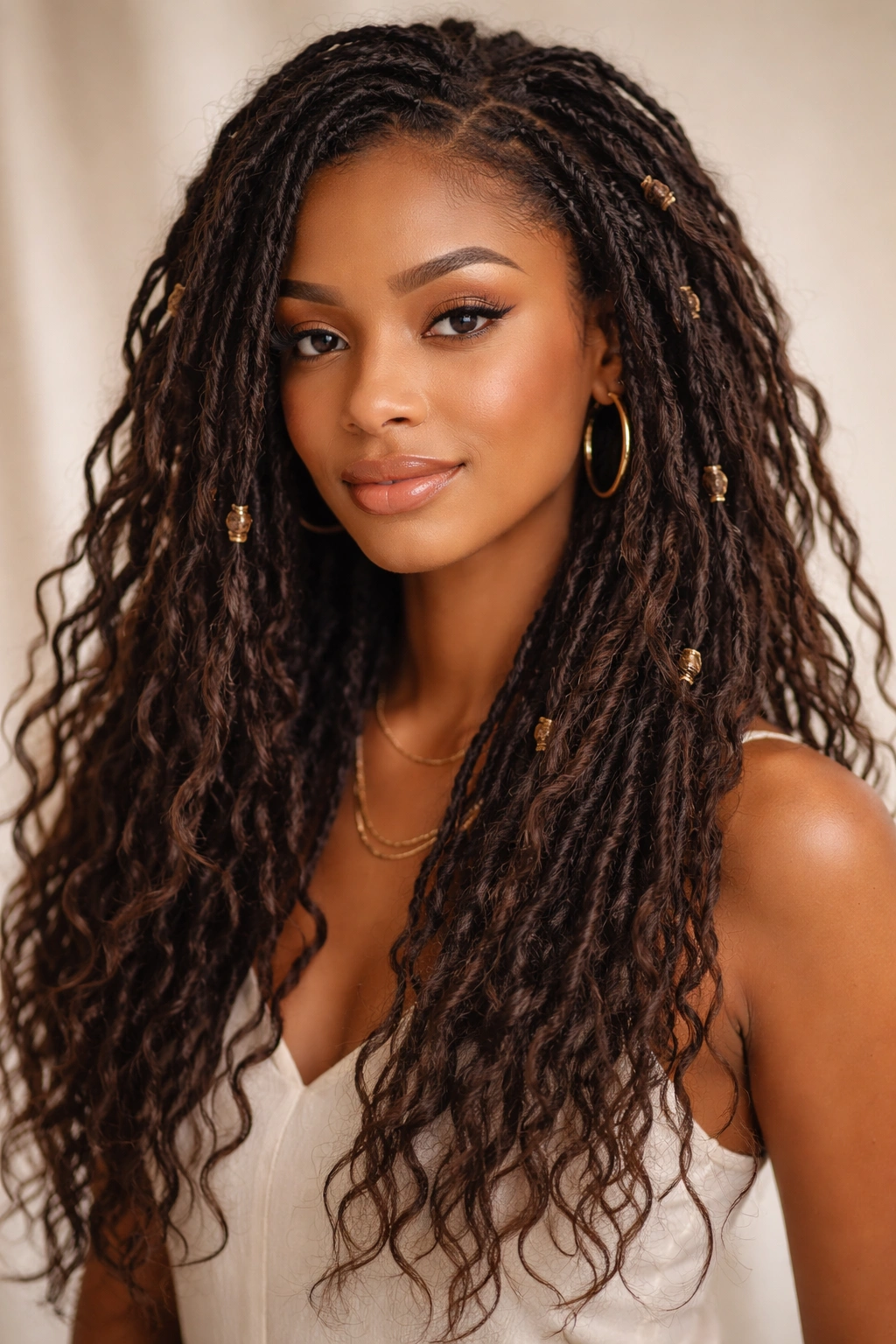 Bobo locs with loose airy texture and bohemian frizz at mid-length