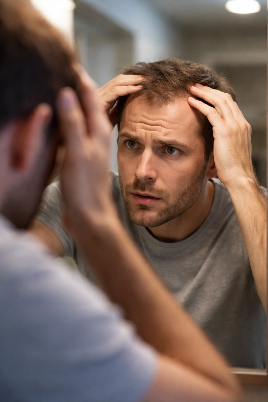 Portrait of a person with anxious expression near a mirror, suggesting body image concerns