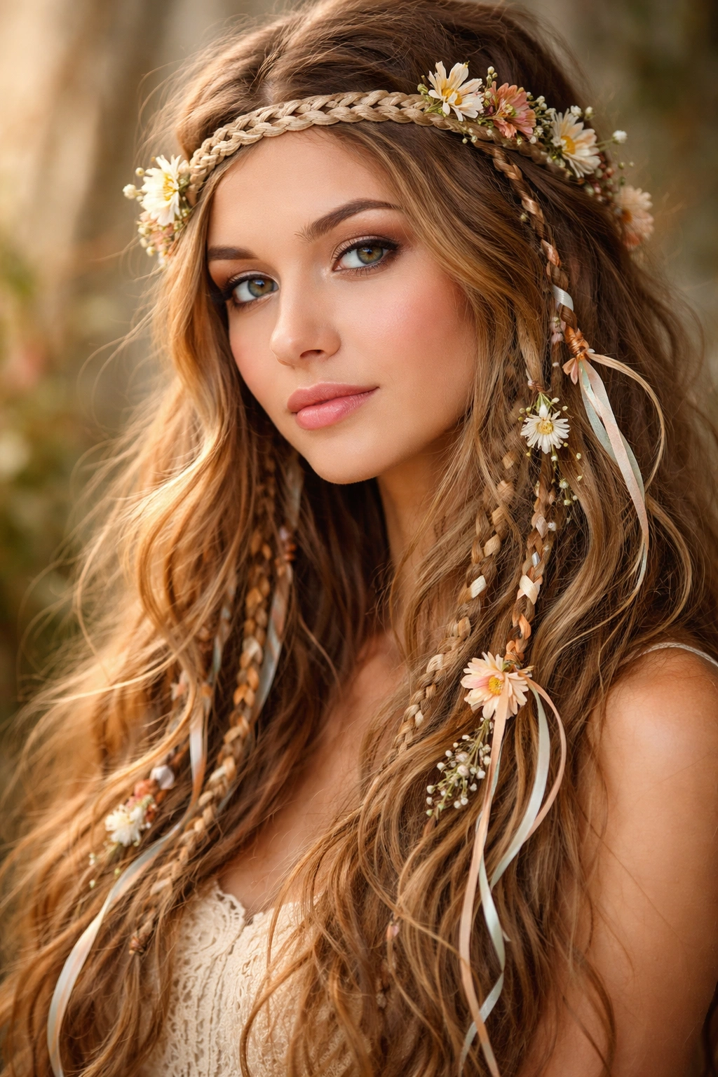 Long hair with delicate accent braids and ribbons in a bohemian style