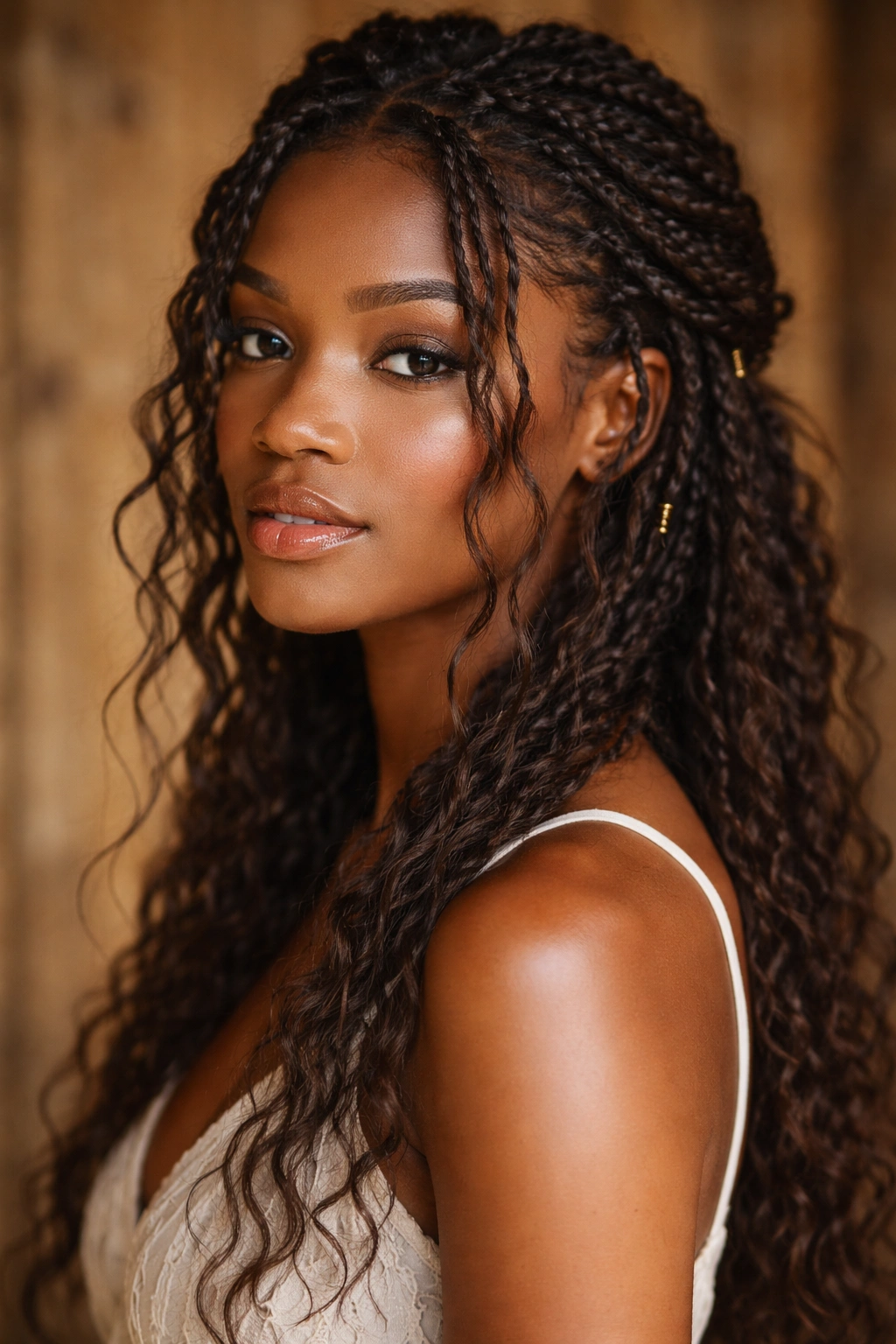 25 Braided Hairstyles For Black Women To Bookmark 19 Close-up of loose undone Bohemian Braids with wispy tendrils framing the face