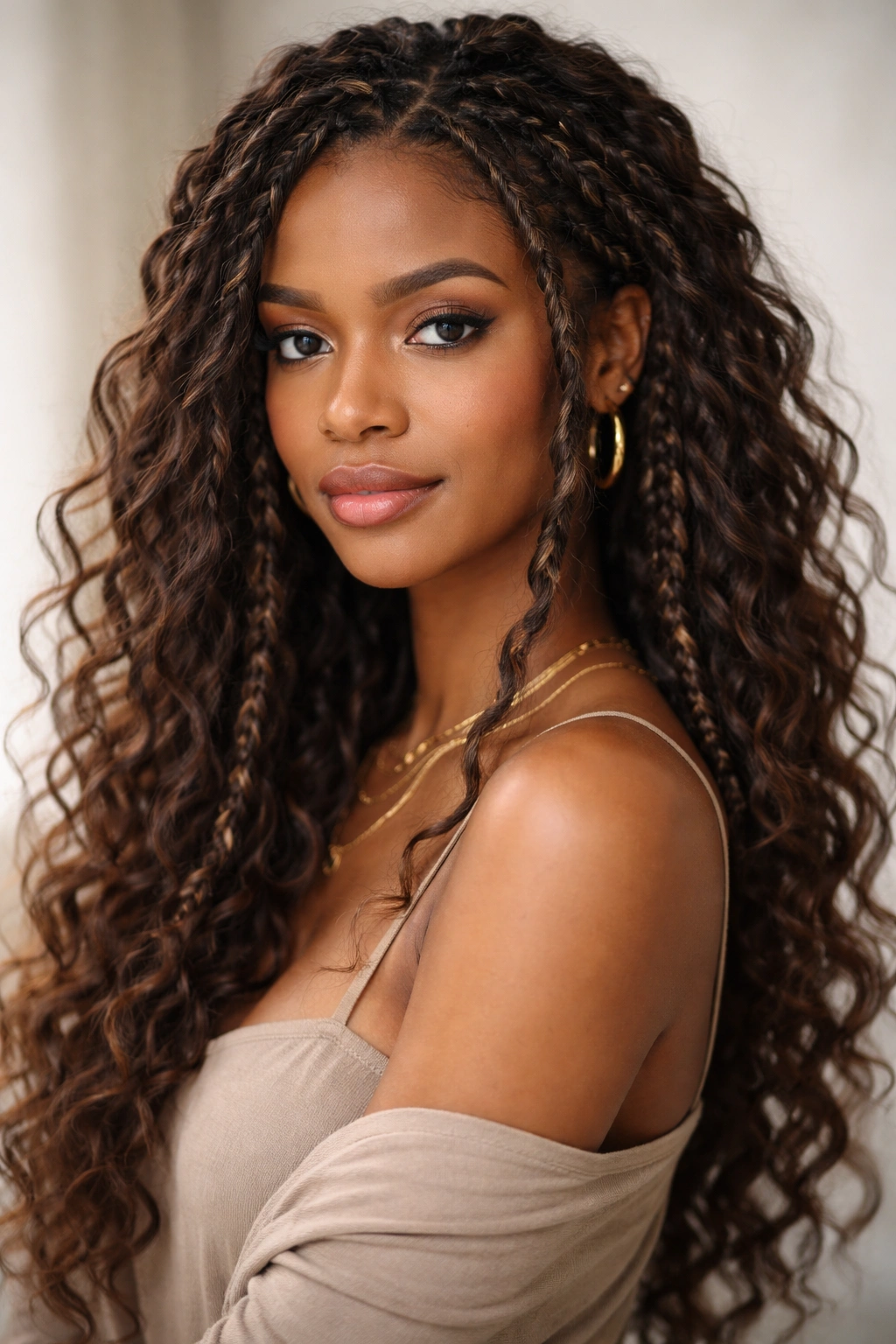 Bohemian braids with curls and undone texture on wavy-to-curly hair