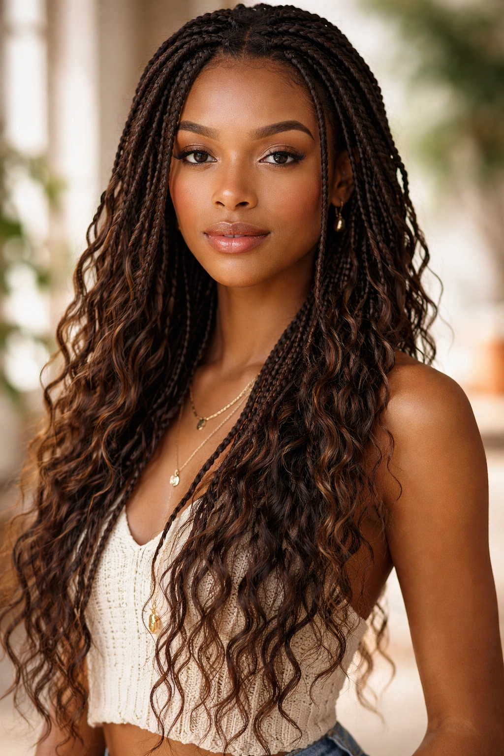 Bohemian knotless braids with loose, wavy sections for a relaxed vibe