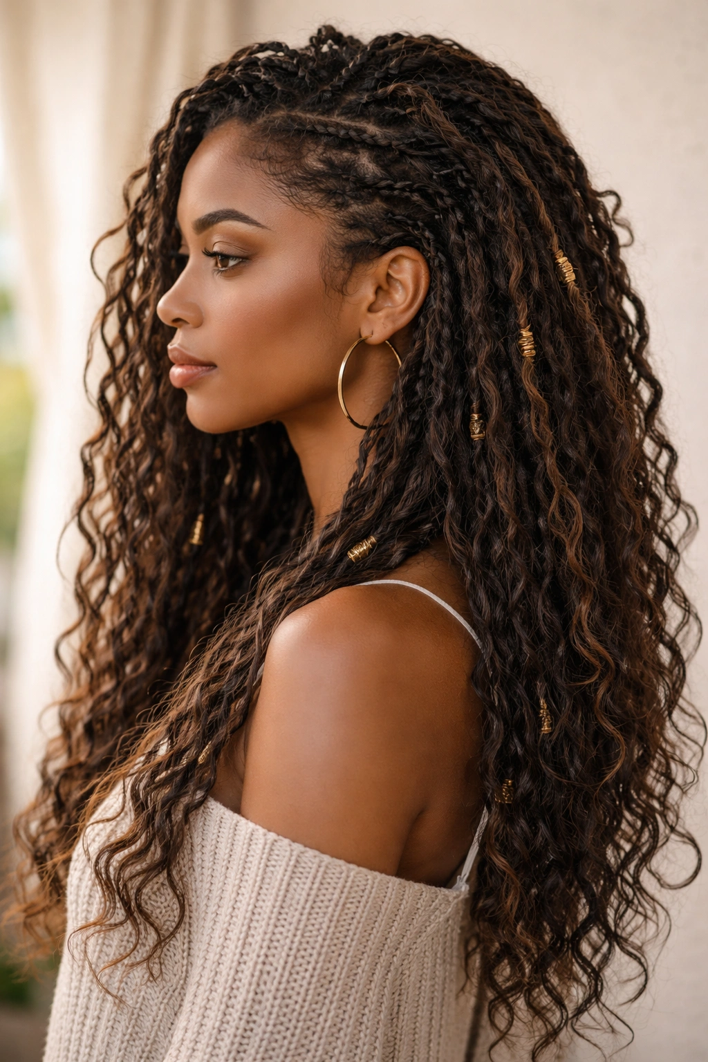 12 Faux Loc Styles And How Long Each One Lasts 3 Side profile of bohemian textured faux locs with crimped waves