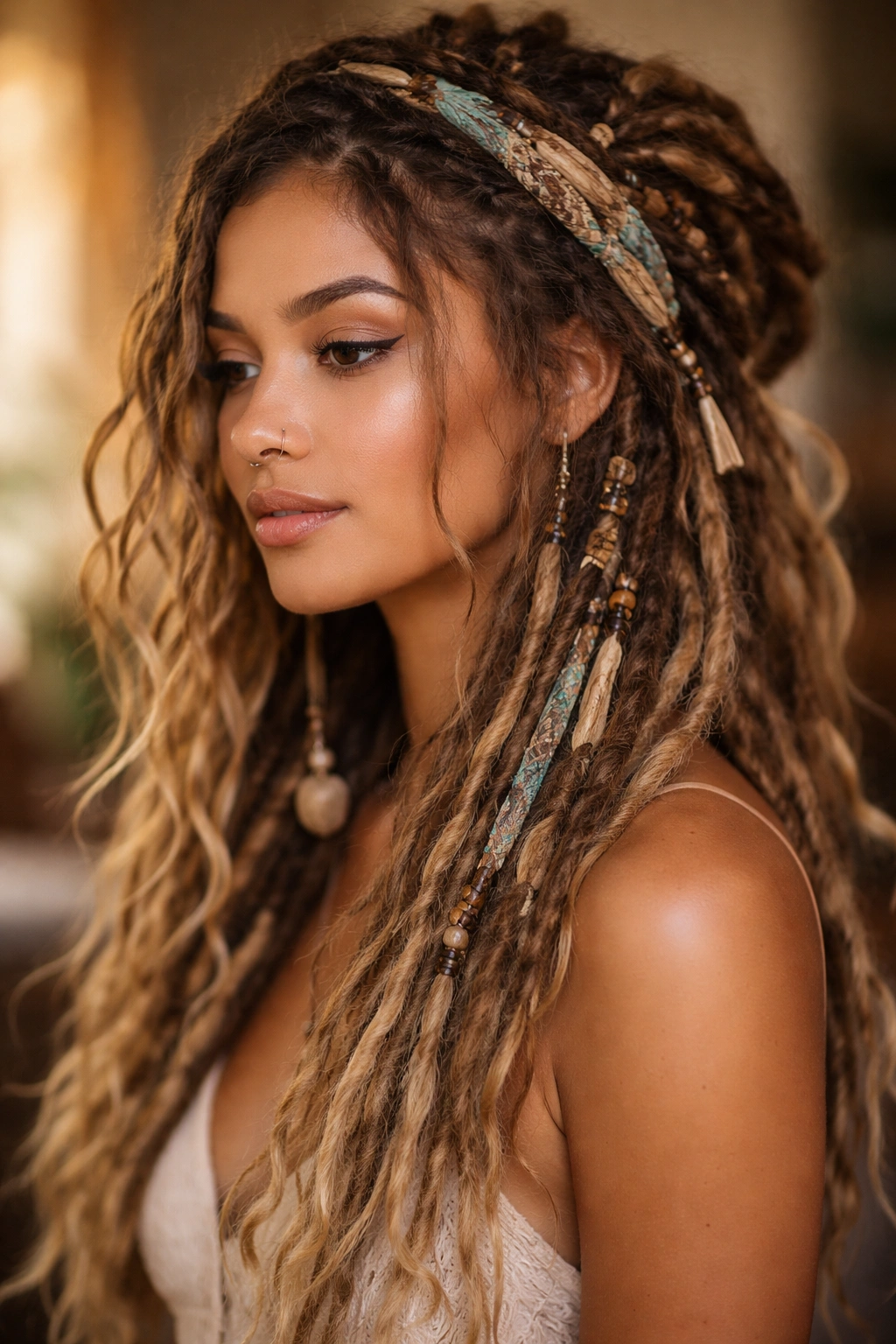 20 Dreadlock Styles For Women At Every Hair Length 6 Boho chic dreadlocks with fabric wraps and beads in a relaxed arrangement