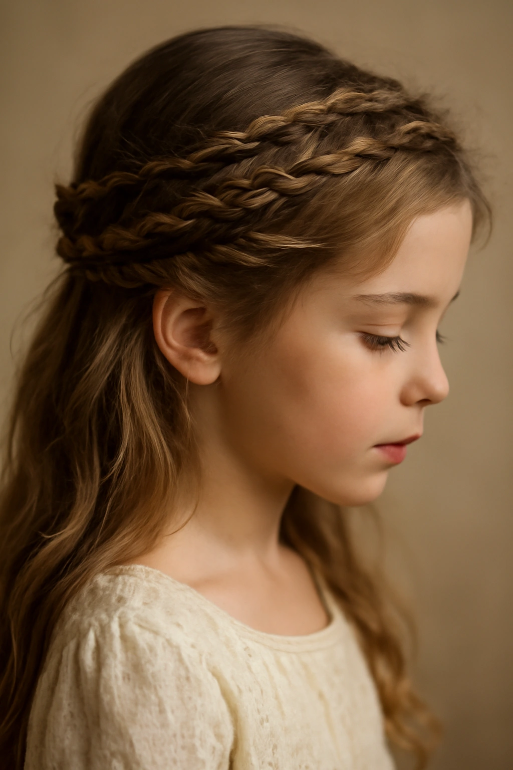 10 Braided Crown Hairstyles Every Flower Girl Needs 10 Flower girl wearing a lace-like boho crown formed by thin braids around the head