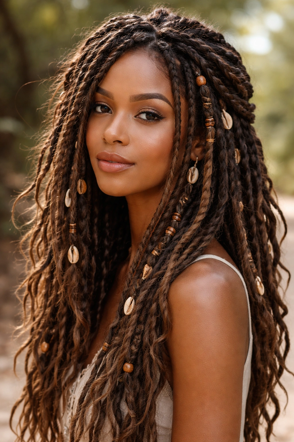 Boho faux locs with beads and thread wraps in natural tones