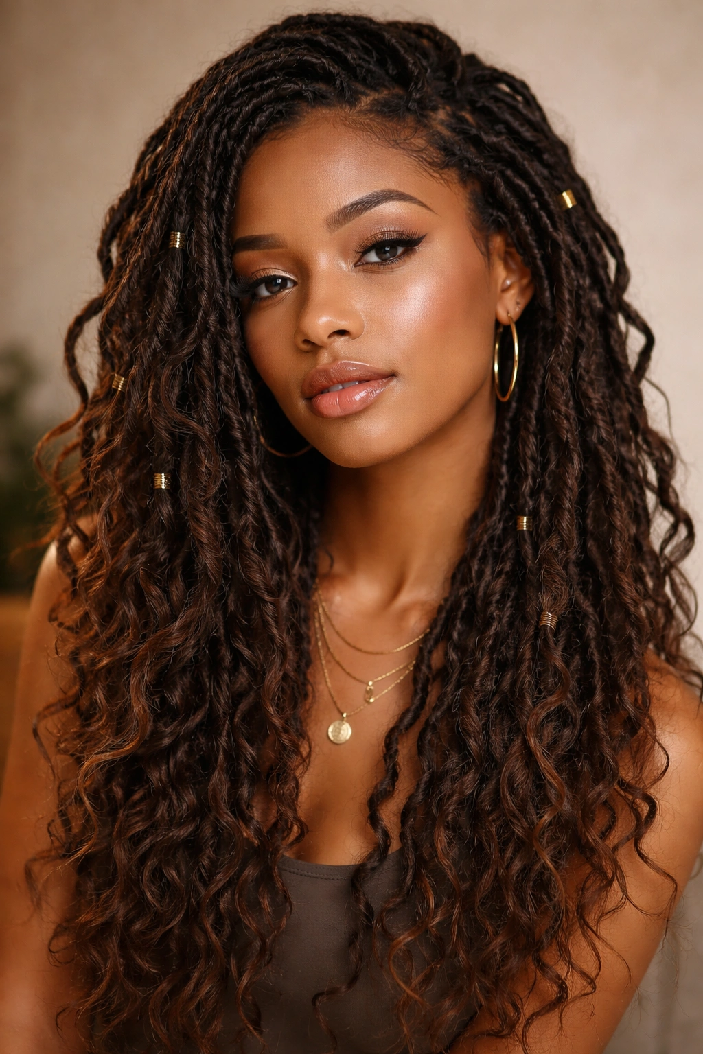 Head with loose textured boho locs and curled ends in warm light
