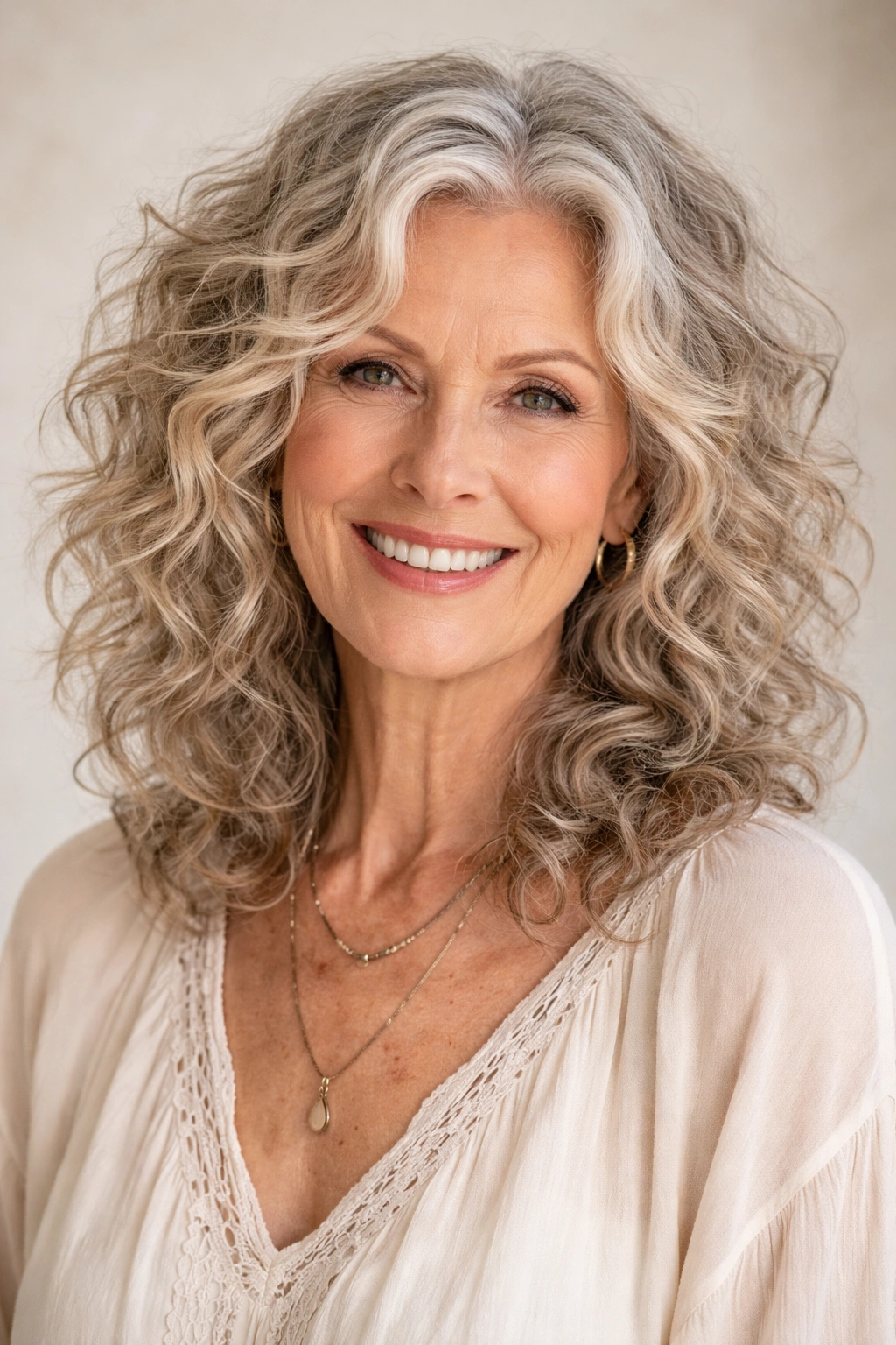 Shoulder-length curls with boho loose layers, tousled texture