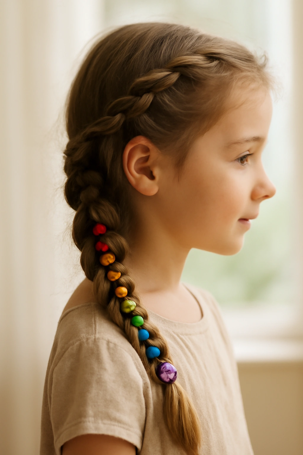 10 Pretty Beaded Braid Styles for Little Girls 3 Loose side braid with rainbow gradient beads along the length.