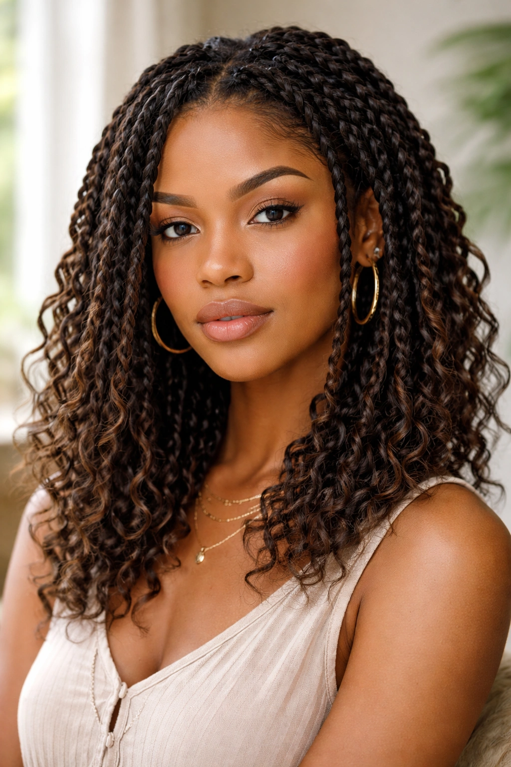 Boho twists hairstyle showing mixed textures of twists and waves.
